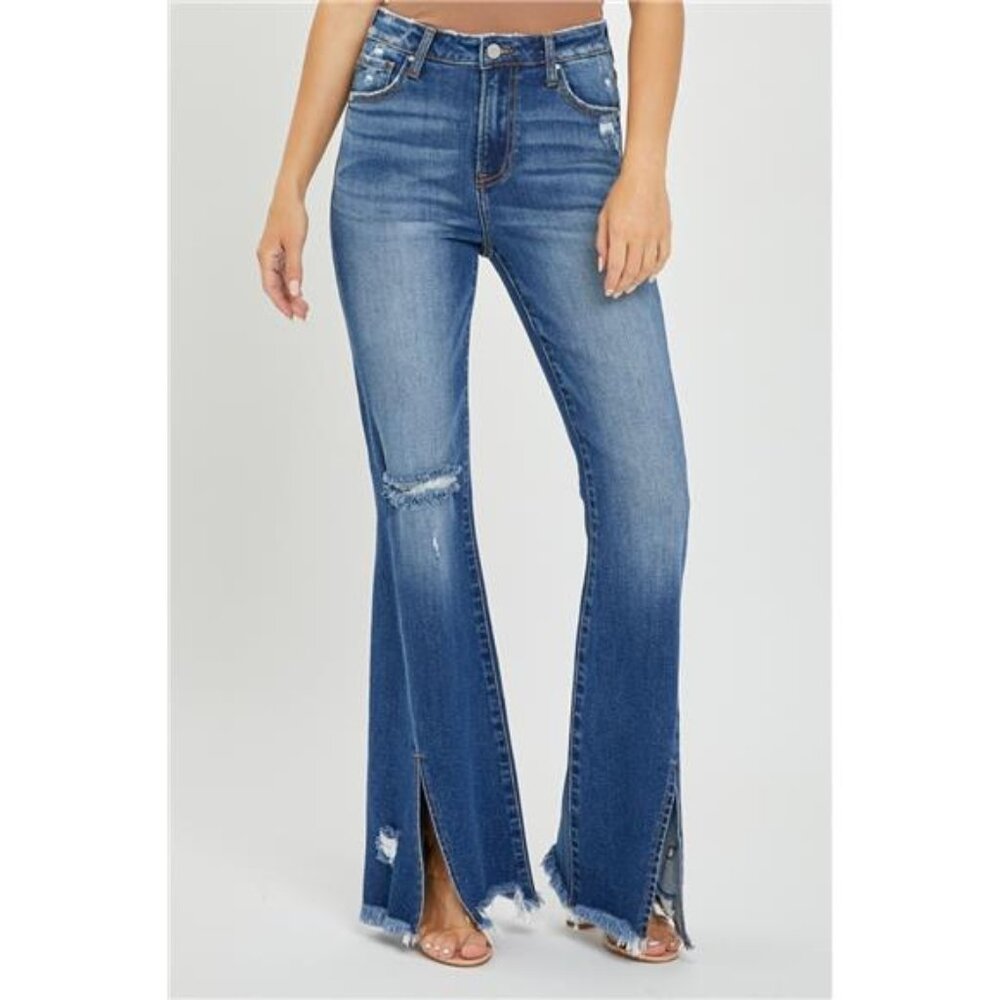 NWT RISEN High Rise Front Slit Frayed Hem Flare Jeans, Some Stretch, Distressed - Picture 1 of 6